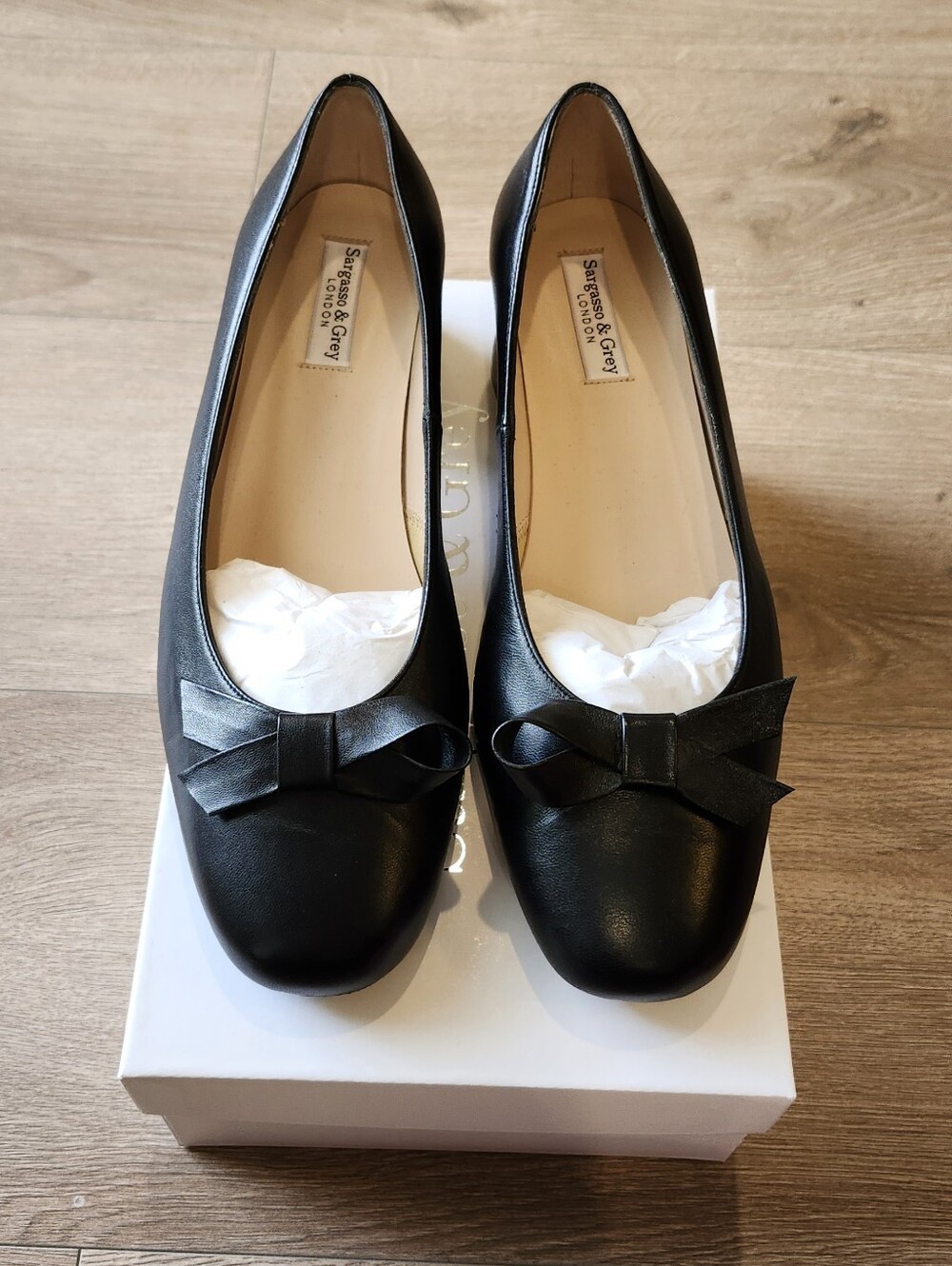 Sargasso & Grey Wide Fit Black Leather Bow Low Heels